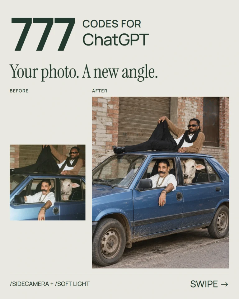 Before and after: blue hatchback with two men and a calf, reframed from the side in soft daylight