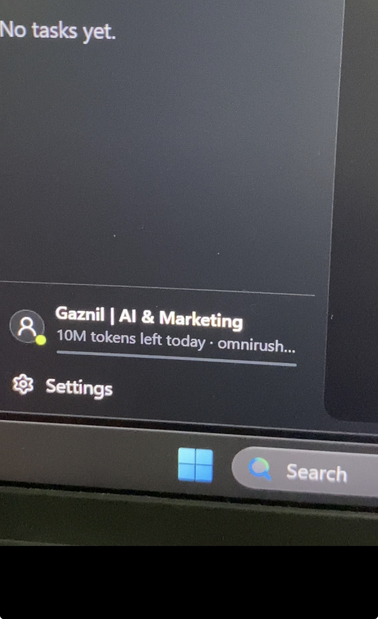 OmniRush account showing 10M tokens left today