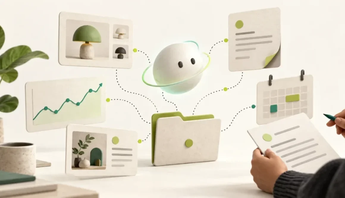 Illustration of an AI assistant connecting a catalog, invoice, calendar and campaign brief for a brand team