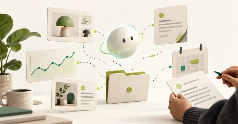 Illustration of an AI assistant connecting a catalog, invoice, calendar and campaign brief for a brand team